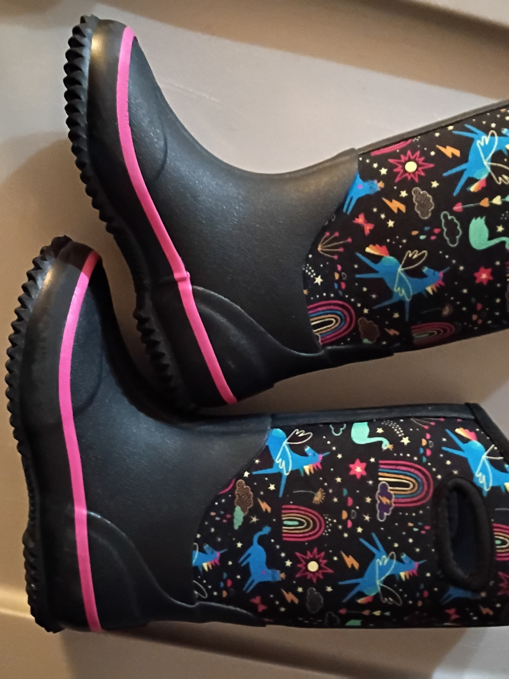 Kids Black Rain & Snow Boots with Pink Trim and Colorful Magic Print